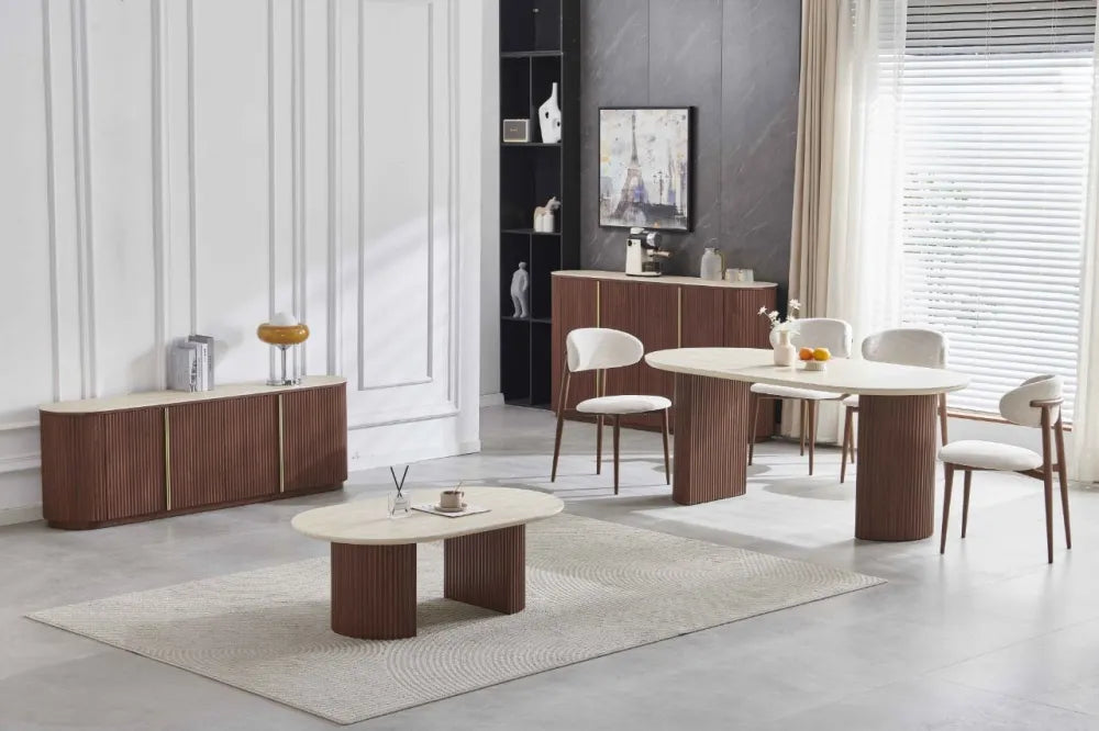Table à manger CALYPSO ovale en céramique moderne 180 cm #couleur_noyer-travertin