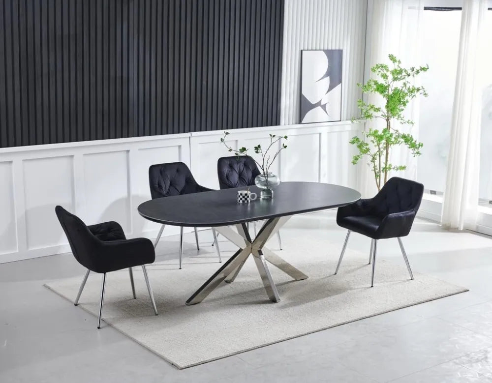 Table à manger OPHELIA pieds chrome plateau céramique 200 cm #couleur_noir