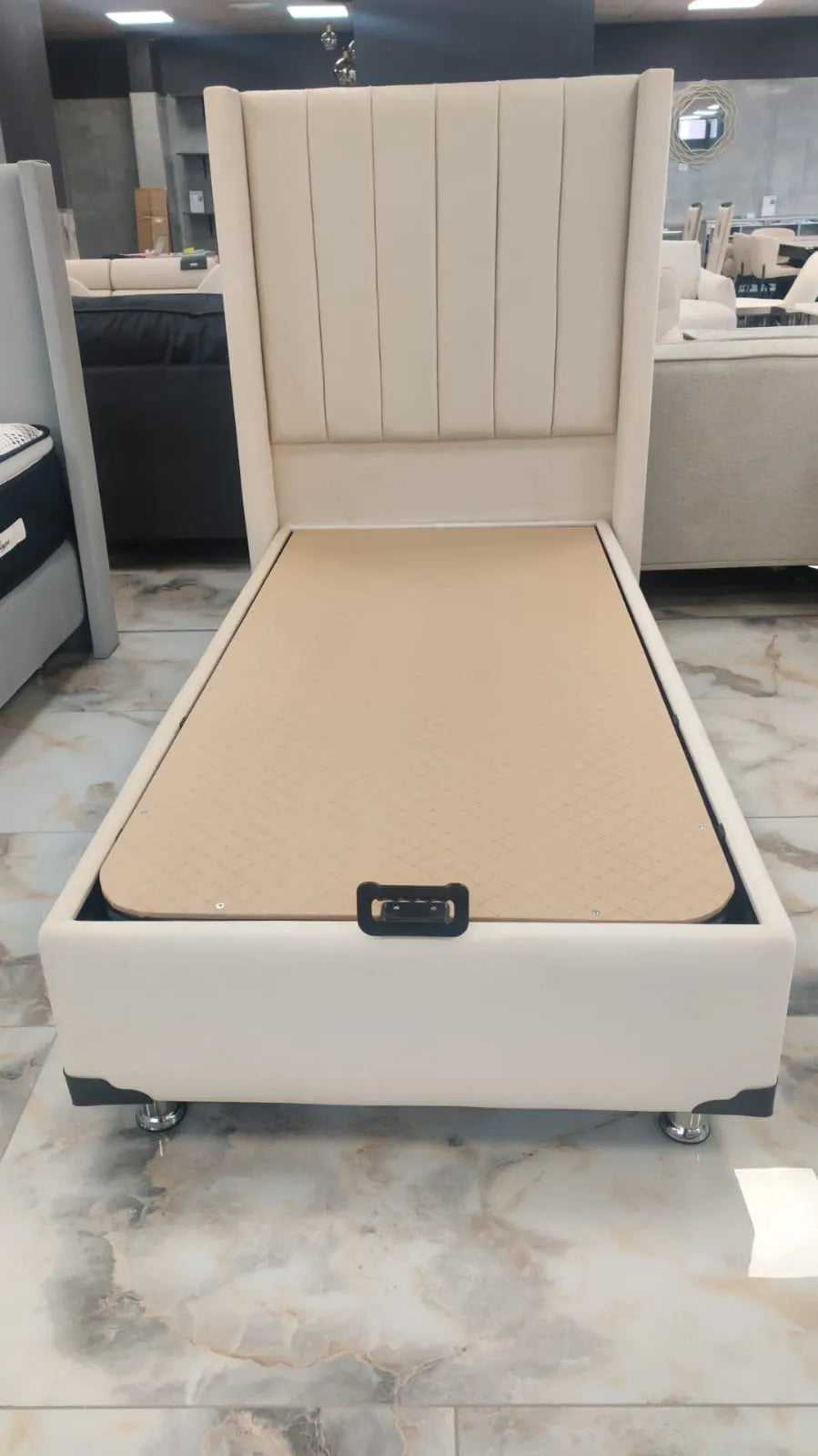 Lit coffre 90x190 TOKYO en velours #couleur_beige