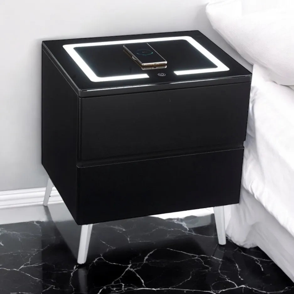 Chevet LYDIA LED avec chargeur induction bois mat pieds noir
