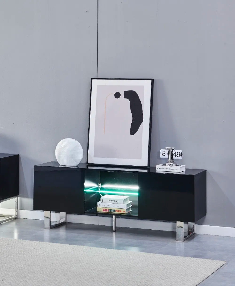 Meuble TV ALYA en bois laqué pieds chrome 150x40x58 cm #couleur_noir