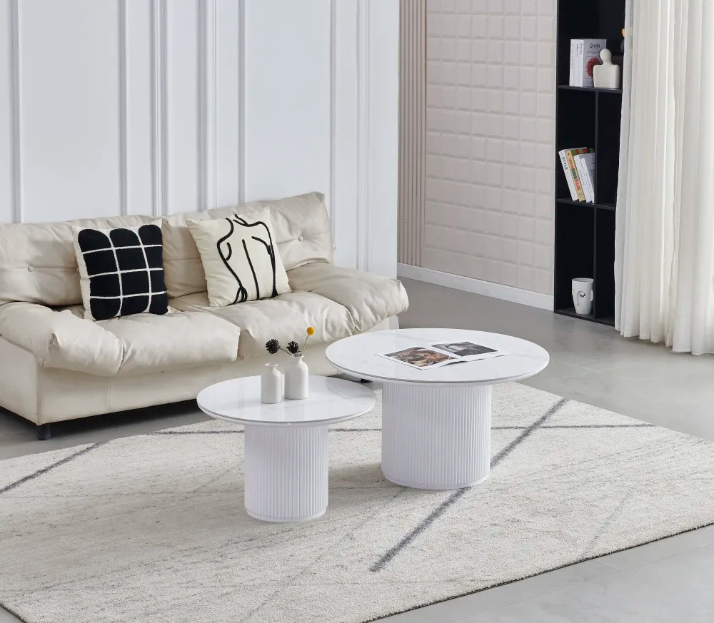 Tables basses gigogne DUO PILA en céramique #couleur_marbre-blanc
