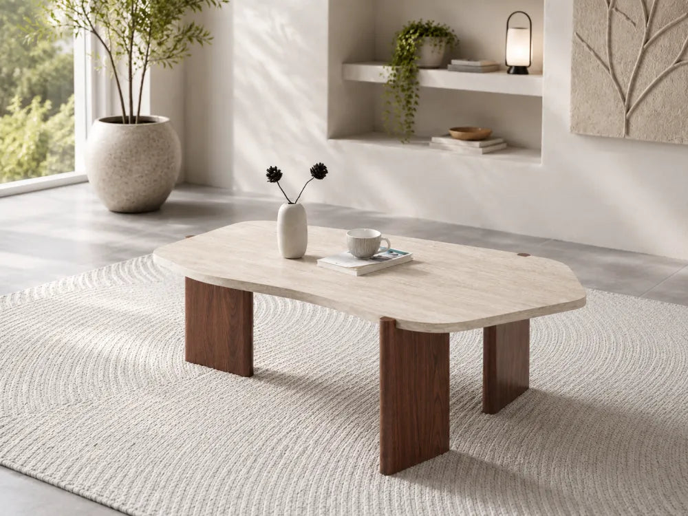 TABLE BASSE ZORA EFFET TRAVERTIN PIED NOYER 120cm