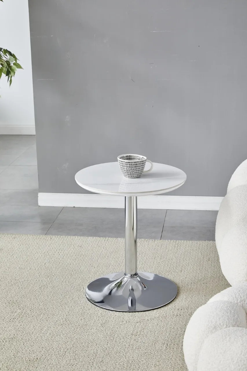 Guéridon GOYA en céramique pieds chrome #couleur_marbre-blanc