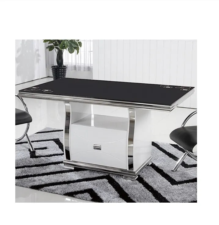 Table à manger SARAH avec tiroir blanc argent #couleur_noir