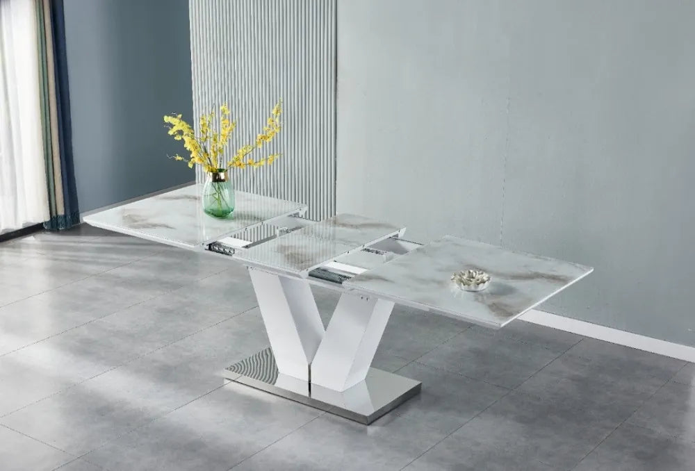 Table extensible VEL effet marbre beige 160-200 cm #couleur_chrome