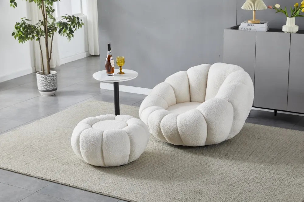 Fauteuil pivotant avec pouf Cozy en laine bouclée – Confort et design cocooning