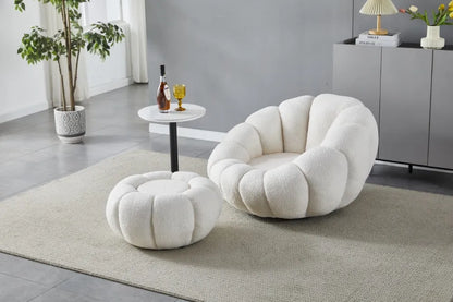 Fauteuil pivotant avec pouf Cozy en laine bouclée – Confort et design cocooning