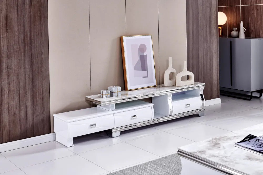 Meuble TV SARAH marbre beige avec 3 tiroirs