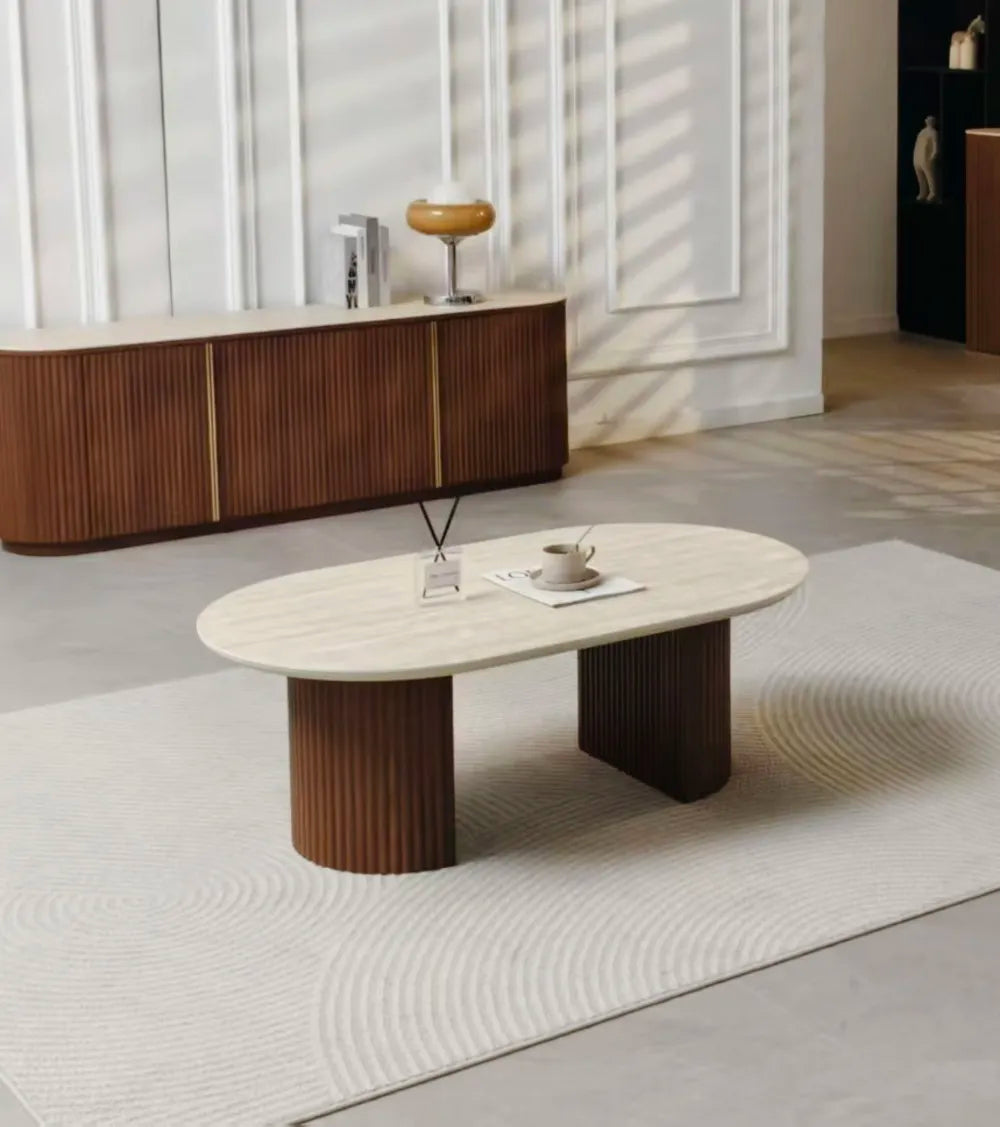 Table basse CALYPSO en céramique ovale #couleur_noyer-travertin