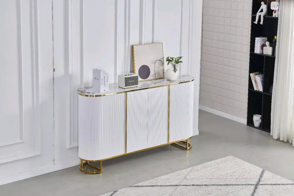 Buffet ESMEE 4 portes gold plateau en céramique 180x40x100 cm #couleur_marbre-blanc