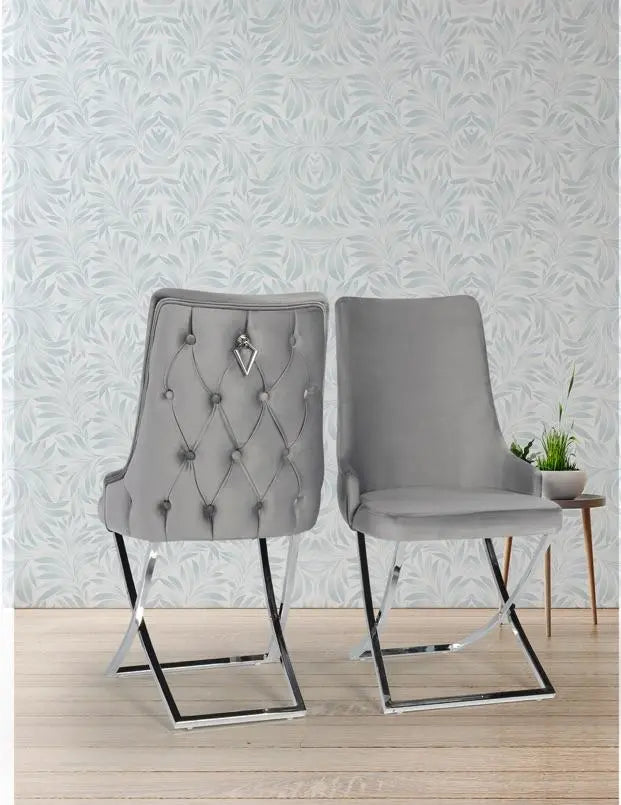 Lot de 2 chaises LYDIA chrome velours capitonné #couleur_gris