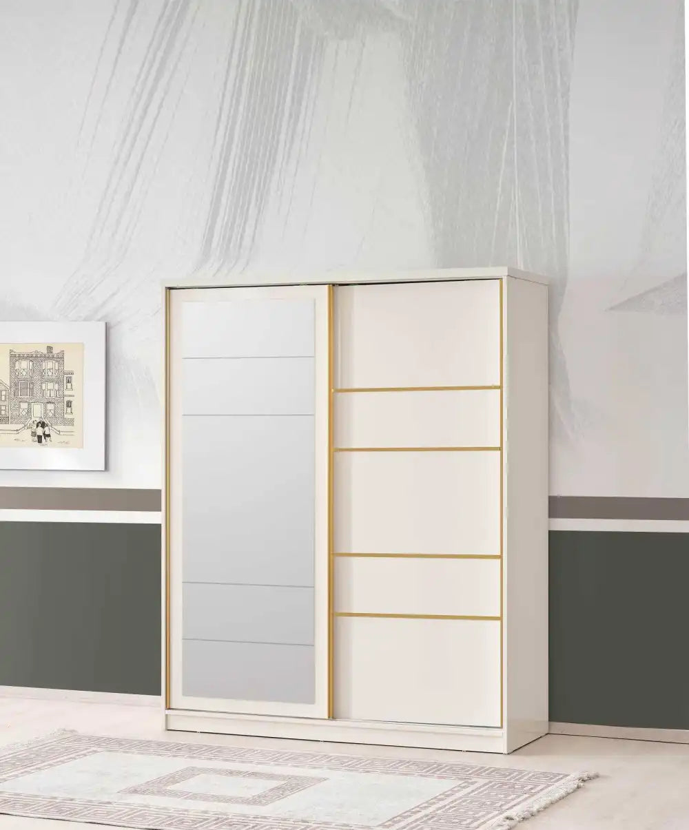 Armoire GIRONA 2 Portes Coulissantes 180 cm Beige avec miroir