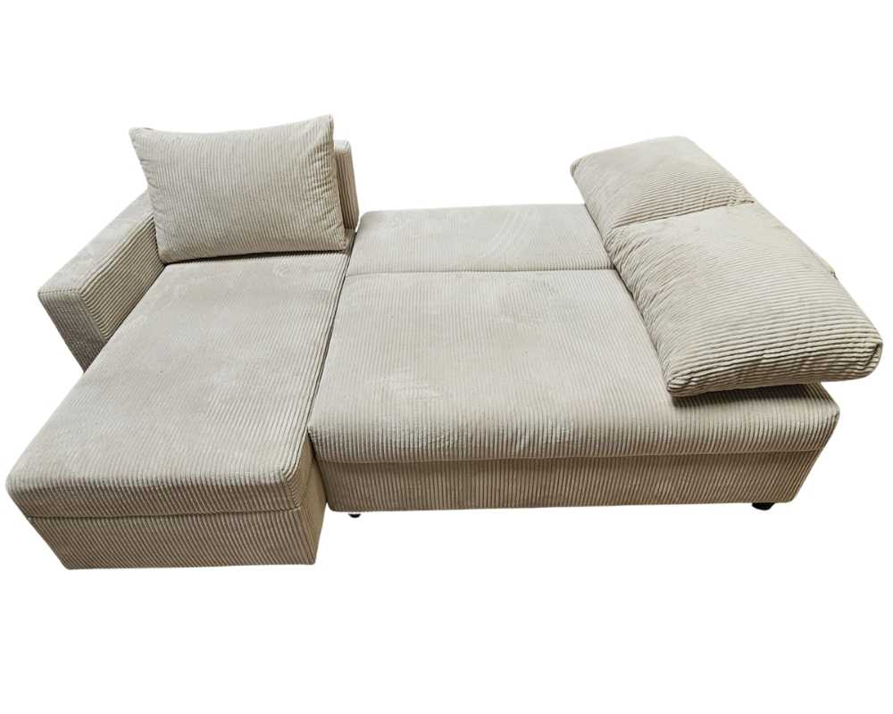 Canapé d'angle reversible SATURNE convertible  en velours côtelé anti-tâche avec coffre #couleur_beige
