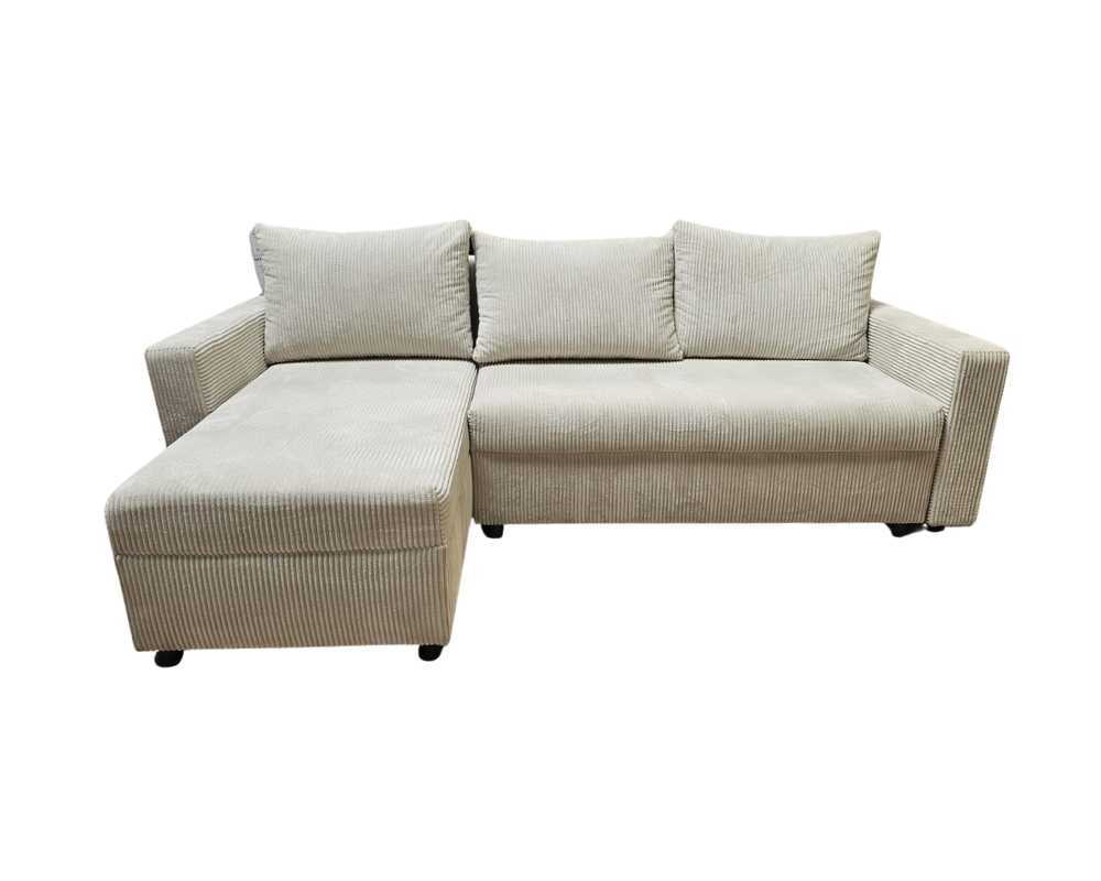 Canapé d'angle reversible SATURNE convertible  en velours côtelé anti-tâche avec coffre #couleur_beige
