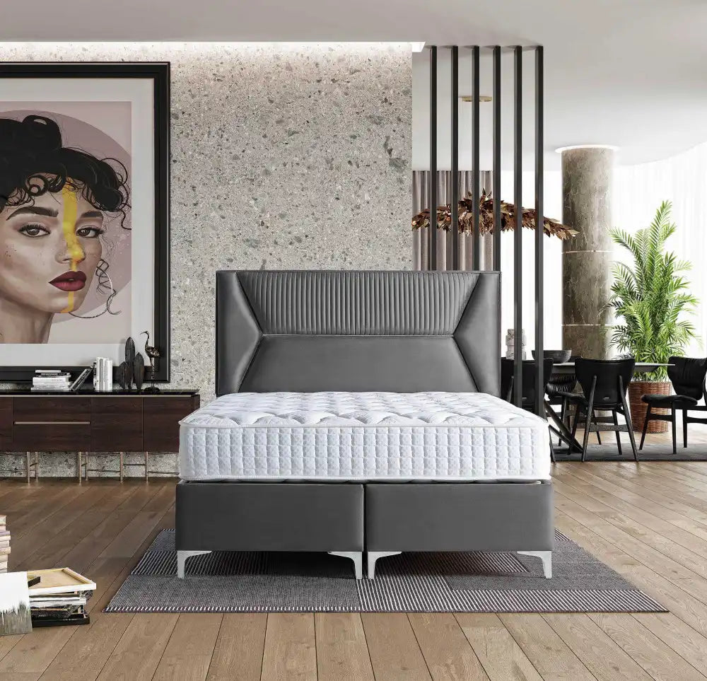 Lit coffre LYON en velours #couleur_gris