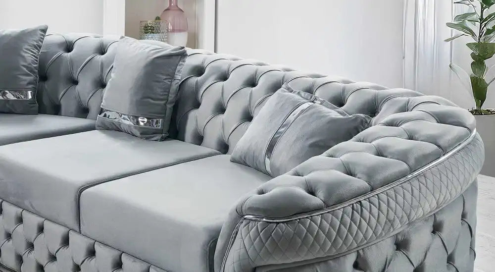 Canapé d'angle capitonné CONFORT 6 places #couleur_gris