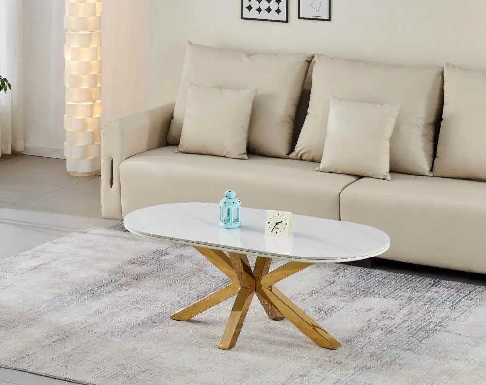 Table basse ovale FIONA pieds gold #couleur_marbre-blanc