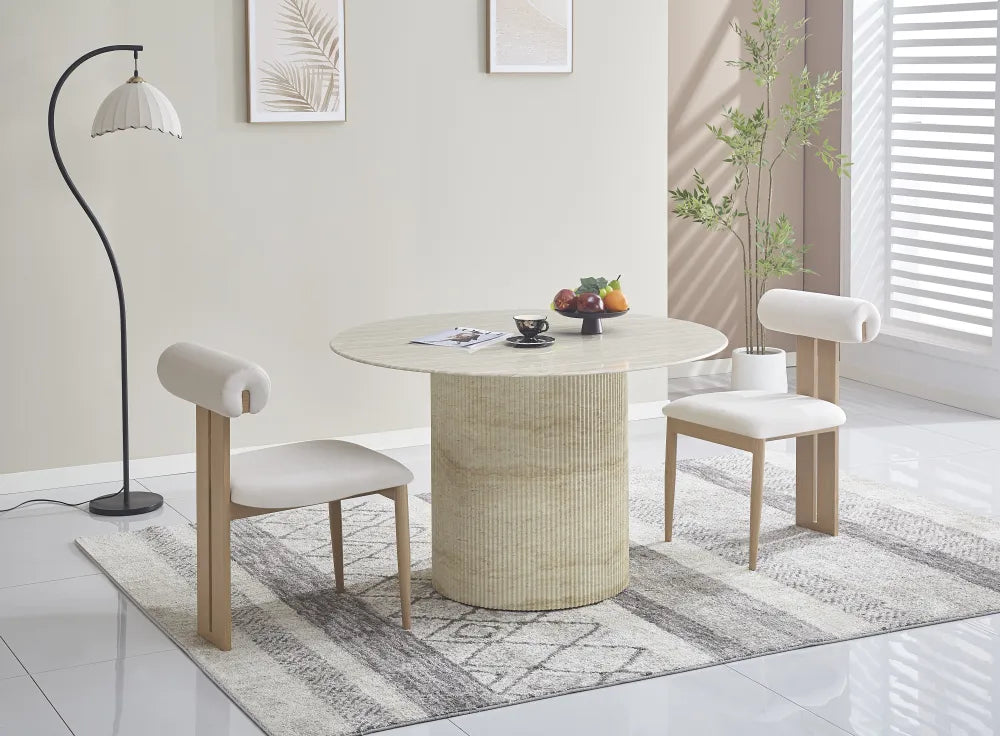 Table à manger ronde BAIETA plateau en céramique effet travertin 1m20