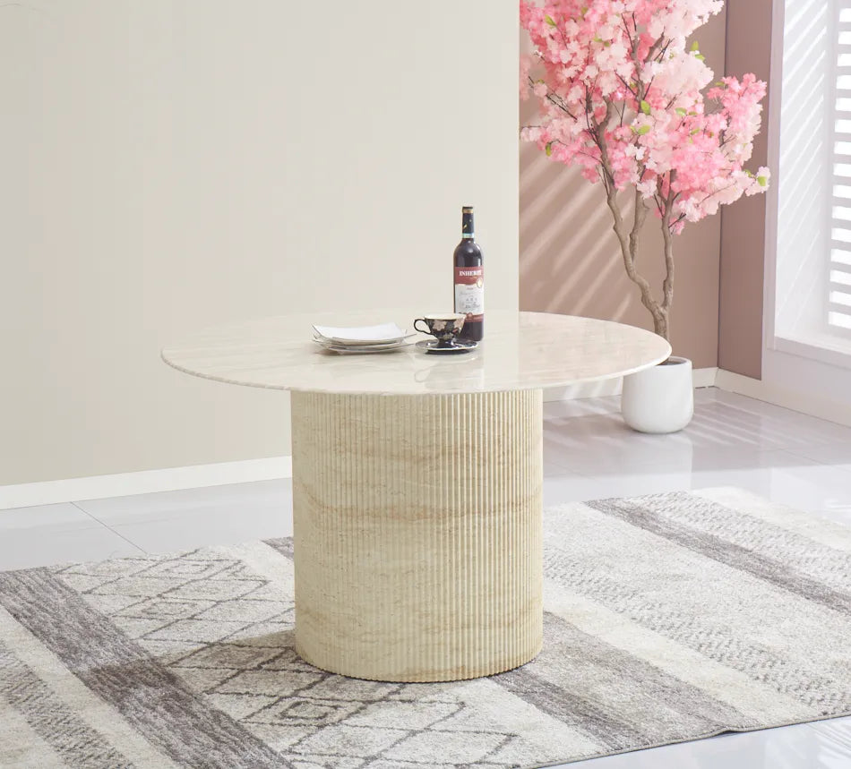Table à manger ronde BAIETA plateau en céramique effet travertin 1m20