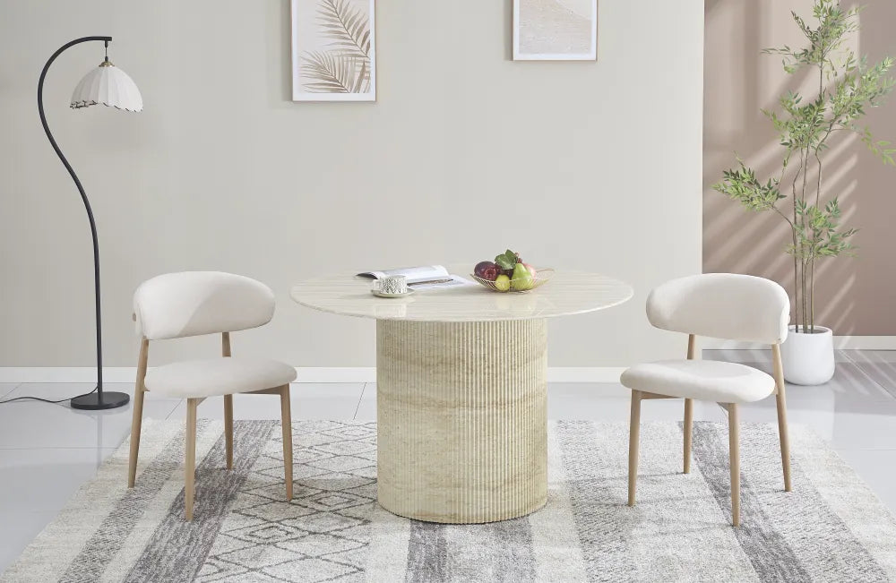 Table à manger ronde BAIETA plateau en céramique effet travertin 1m20