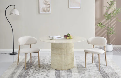 Table à manger ronde BAIETA plateau en céramique effet travertin 1m20