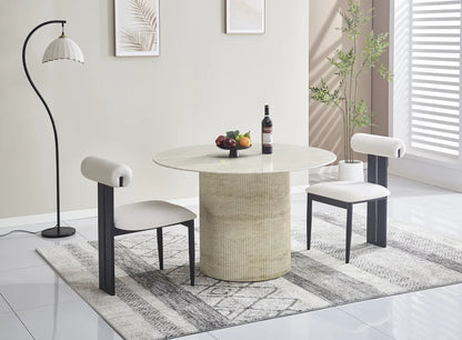 Table à manger ronde BAIETA plateau en céramique effet travertin 1m20